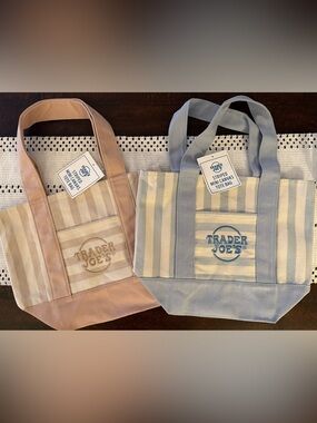 NWT Trader Joe's Striped Mini Canvas Tote Bag (Set of 2) - Blue and Tan